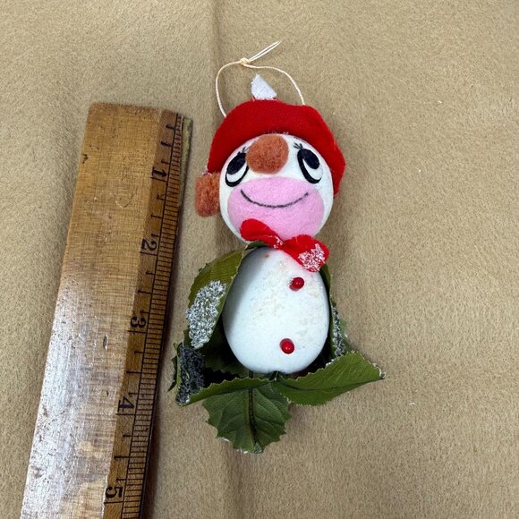 Vintage Felt Snowman Christmas Ornament Red Hat Leaf Scarf Japan Kitschy Big Eye - Picture 6 of 6